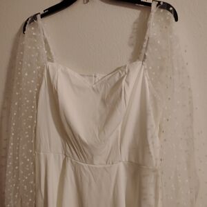 SHEIN White Dress with Sheer Polka Dot Sleeves